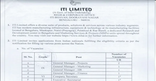 ITI Limited Recruitment 2026: Apply Online for 215+ Young Professionals / YP and Other Posts