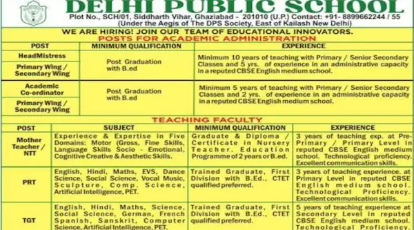 Delhi Public School (DPS) Jobs 2025 for Teachers, Coordinators, TGT, PGT, Admin, Accounts and Other Posts