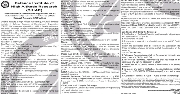 DIHAR Recruitment 2025 – Walk-in Interview for JRF & RA Posts
