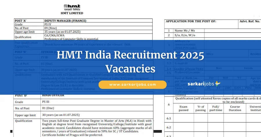 HMT India Recruitment 2026 for Operator A Workmen, Officers, Deputy Engineers and Other Vacancies