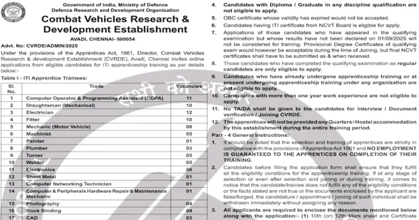 CVRDE Apprentice Recruitment 2026 for 16 Junior Research Fellow and Other Posts