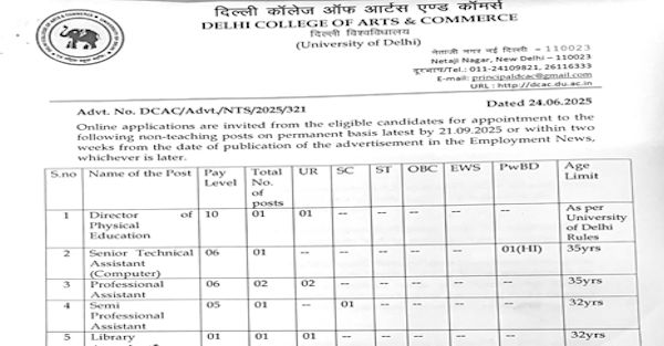 Delhi College of Arts and Commerce (DCAC) Recruitment 2025 for Assistants, Library Staff, Teaching Staff and Other Vacancies