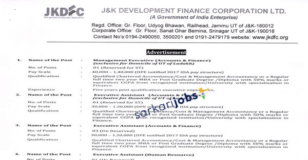 JKDFC Recruitment 2025 for Executive Assistants, HR, Accounts, Finance and Other Posts