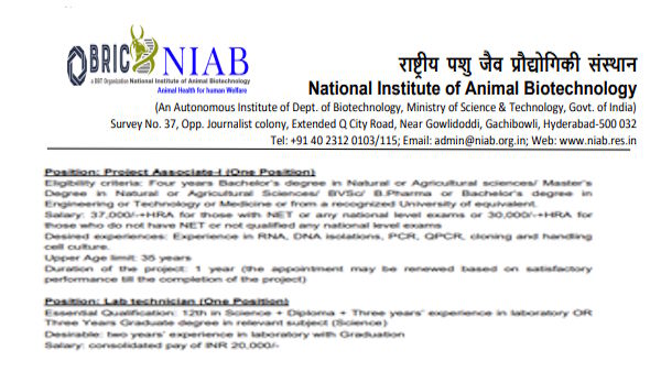 NIAB Recruitment 2026 for Scientists, Managers, Technical Officers, Jr Research Fellow and Other Posts