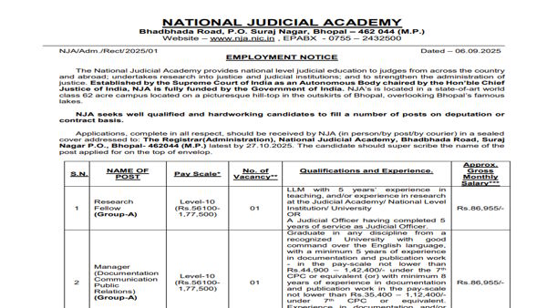 National Judicial Academy Recruitment 2025 for Assistants, Managers, Jr Steno, DEO, Research Fellow and Other Posts