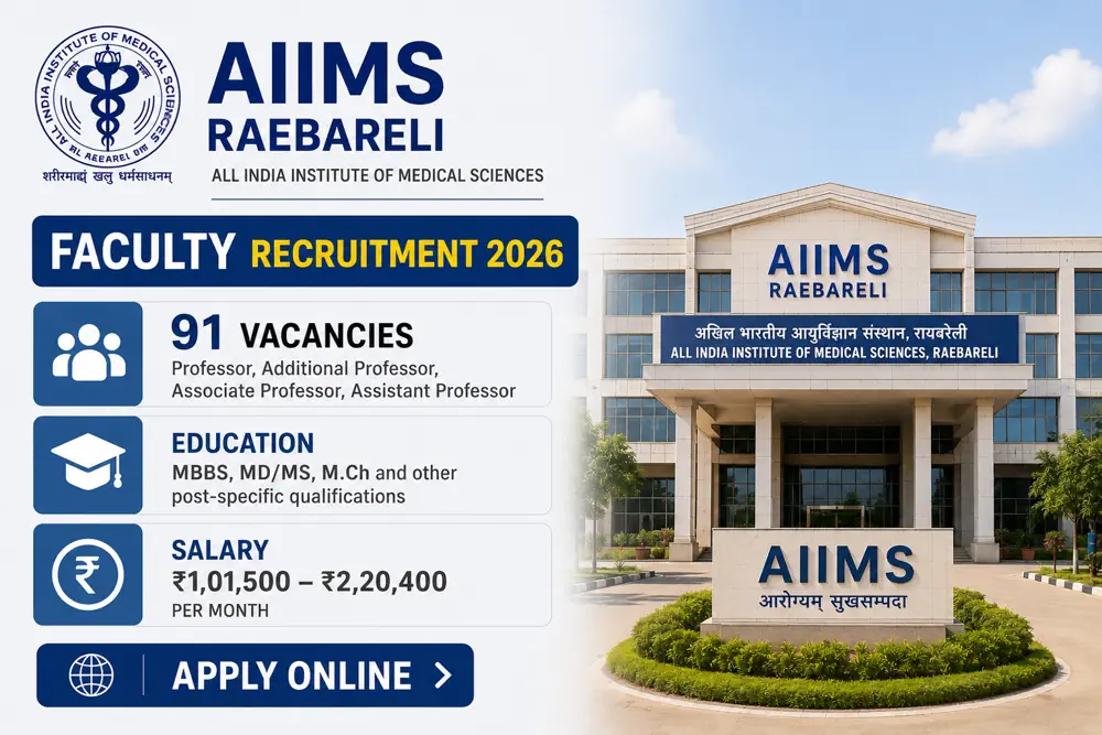 AIIMS Raebareli Recruitment 2026 Announced: 91 Professor, Associate and Assistant Professor Posts Vacant