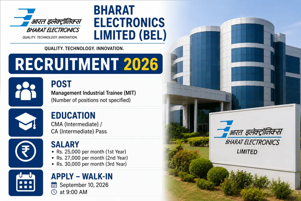 BEL Management Industrial Trainee Walk-ins 2026 Announced for CMA, CA Inter Candidates on September 10