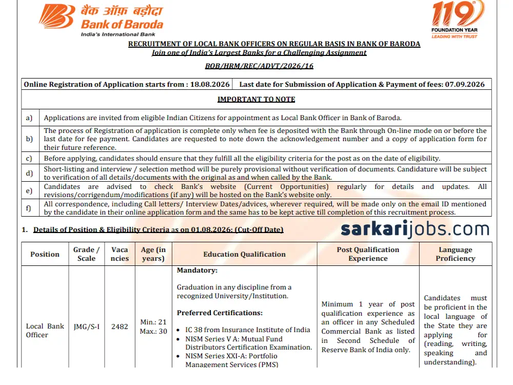 Bank of Baroda LBO Recruitment 2026 Notice Out: 2,482 Local Bank Officer Vacancies Announced; Last Date to Apply is 17th September