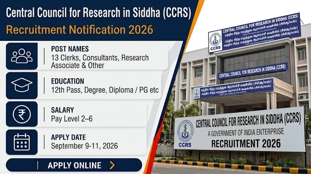 CCRS Recruitment 2026 Notice Out for 13 Vacancies Including Clerks, Consultants, Research Associate and Other Posts