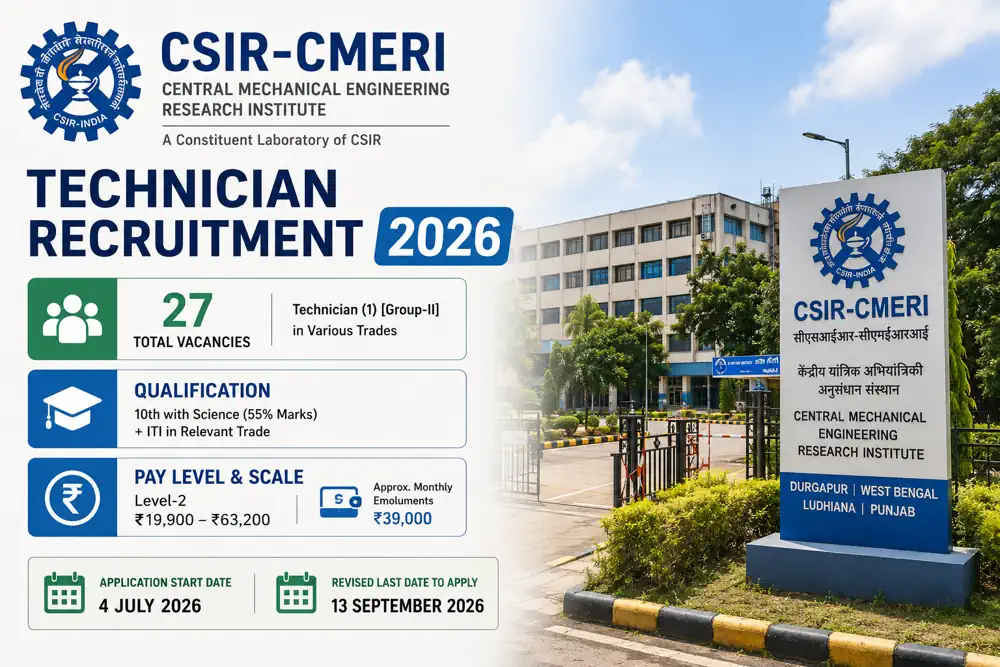 CSIR CMERI Technician Recruitment 2026: Last Date Extended to September 13 for 27 Posts