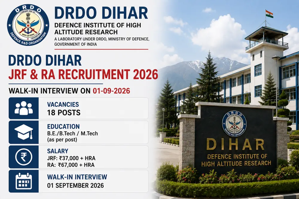 DRDO DIHAR Recruitment 2026: Walk-in for 18 JRF, Research Associate Posts on September 1