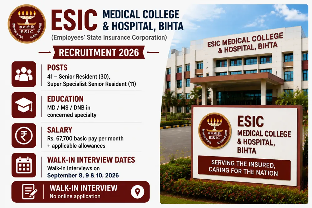 ESIC Bihta Senior Resident Recruitment 2026: Walk-in for 41 Senior Resident and Super Specialist Posts