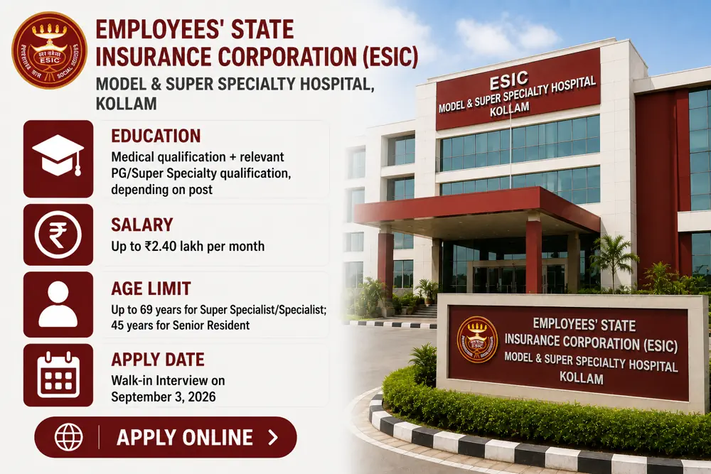 ESIC Kollam Walk-In Recruitment 2026: 27 Super Specialist, Specialist and Senior Resident Vacancies