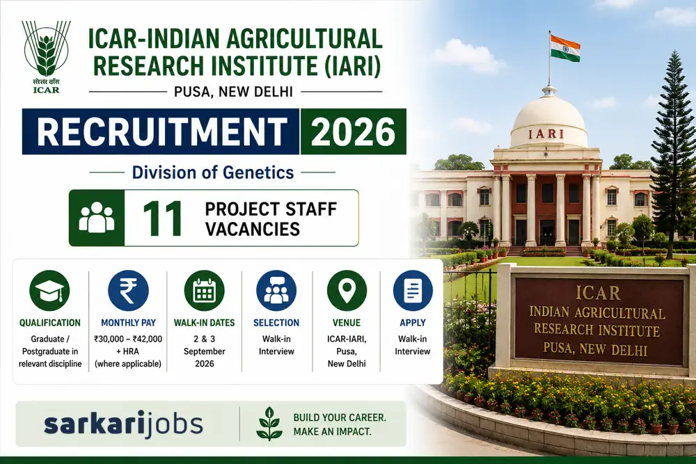 ICAR-IARI Recruitment 2026: 11 Project Staff Vacancies, Walk-in on September 2 & 3