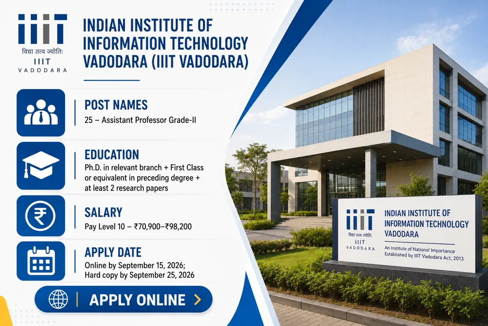 IIIT Vadodara Assistant Professor Recruitment 2026: 25 Faculty Vacancies for SC, ST, OBC and EWS Candidates