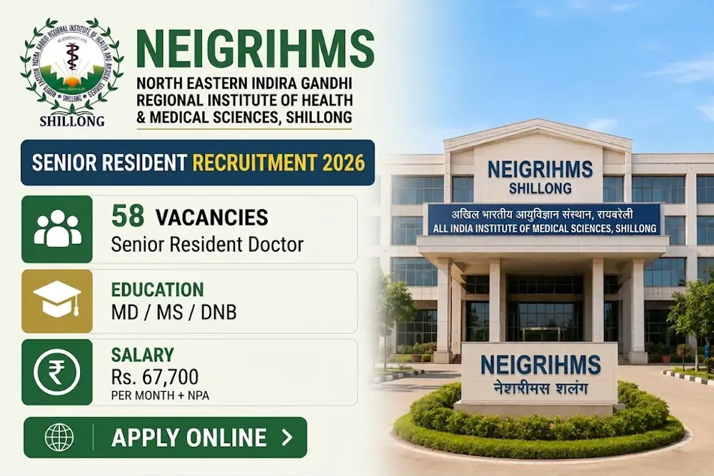 NEIGRIHMS Senior Resident Recruitment 2026 Notification Released: Apply by Email for 58 Posts