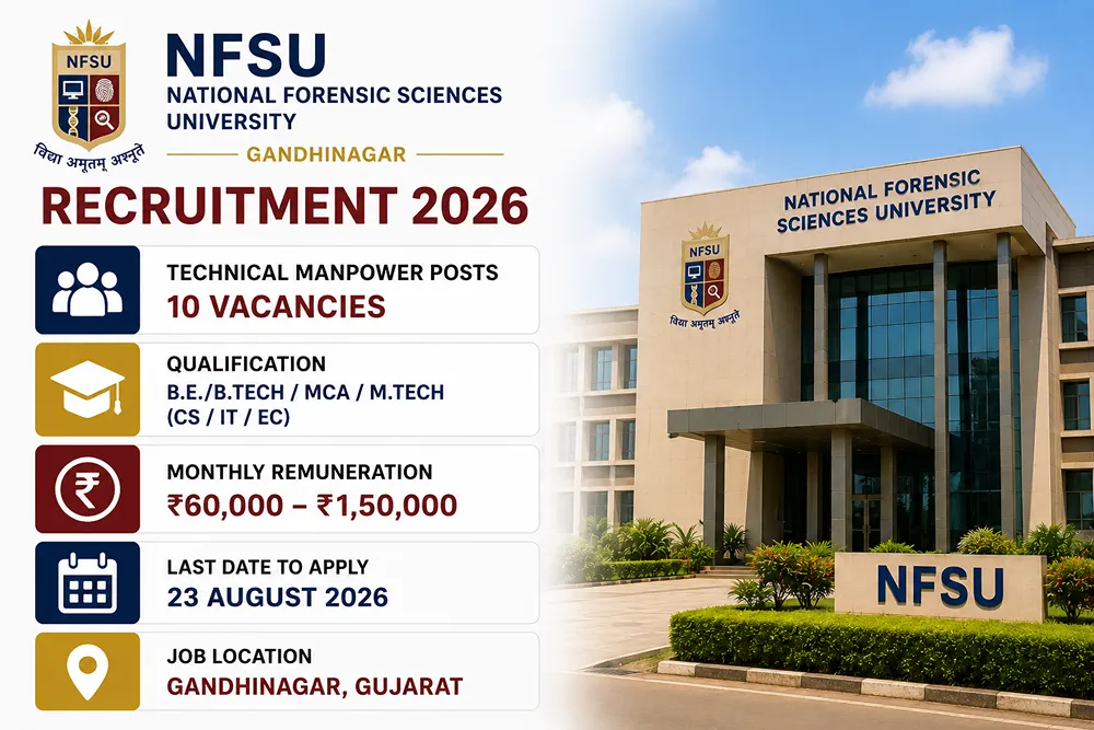 NFSU Recruitment 2026: Apply Online for 10 Technical Manpower Posts; Salary Up to ₹1.50 Lakh