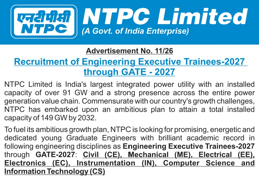 NTPC EET Recruitment 2027 Through GATE: Advance Notification Out for Engineering Executive Trainee Posts