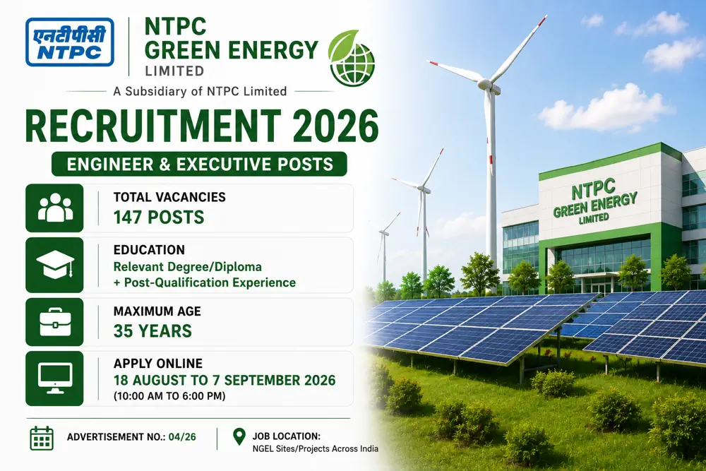 NTPC Green Energy Recruitment 2026: 147 Engineer and Executive Vacancies, Apply Online From August 18