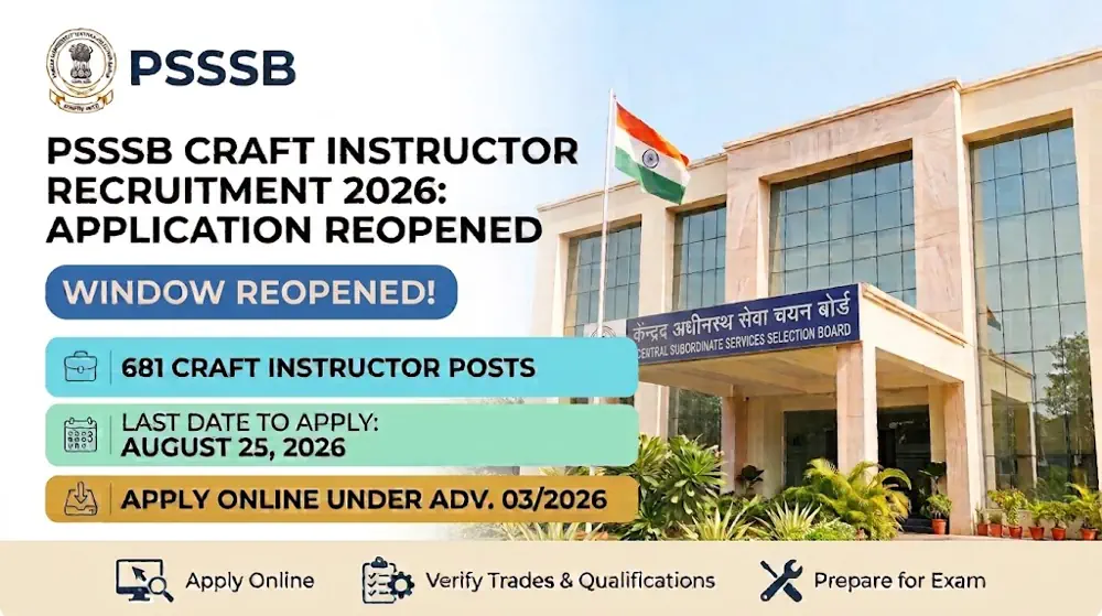 PSSSB Craft Instructor Recruitment 2026 Notice Released: Application Reopens for 681 Posts