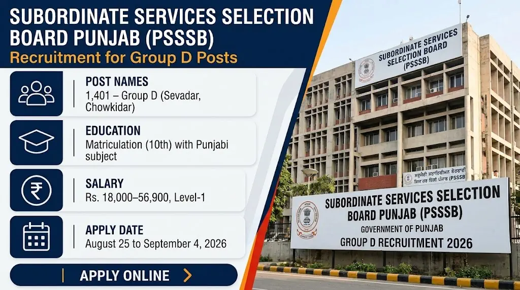 Punjab PSSSB Group D Recruitment 2026 Reopens with 2007 Posts: Last Date Extended till 14th September 2026
