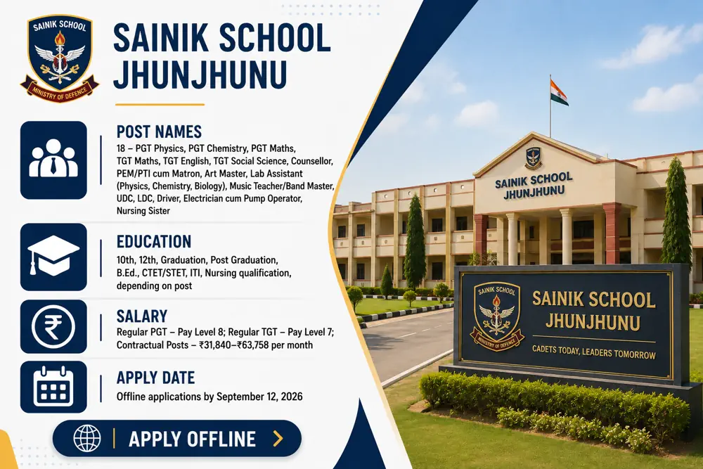 Sainik School Jhunjhunu Recruitment 2026: 18 PGT, TGT, Lab Assistant, UDC, LDC and Other Vacancies, Apply by September 12