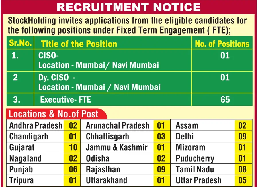 StockHolding Announces 2026 Recruitment Notice for 67 Executive and CISO Vacancies, Online Applications Open