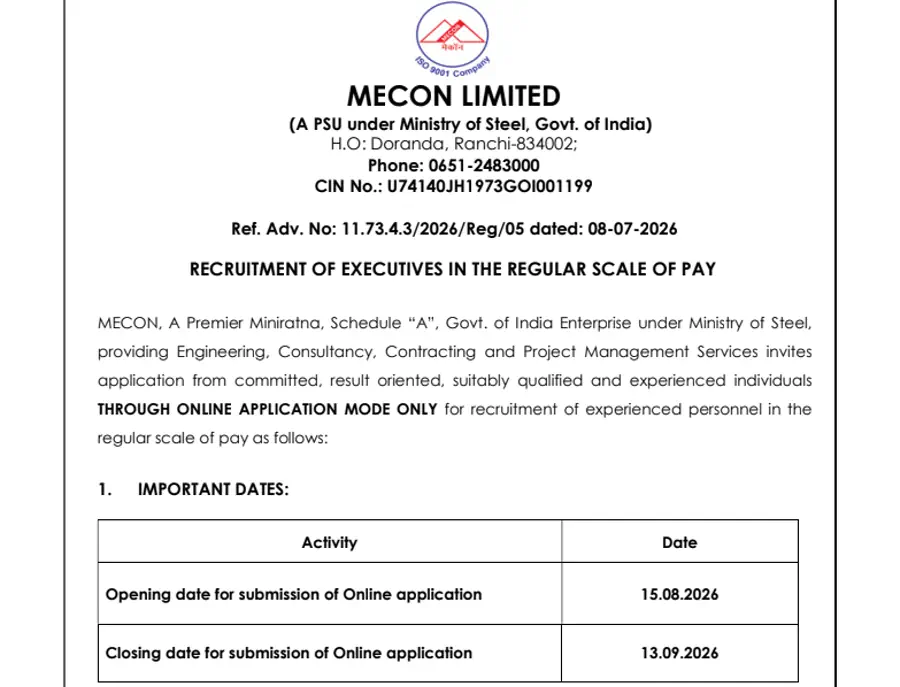 MECON Recruitment 2026 Notice Out for Deputy Manager, Manager and Senior Manager Vacancies, Grade-wise Salary Between ₹60,000–₹2,40,000,