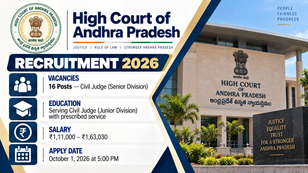 AP High Court Recruitment 2026 Notification Released for 16 Civil Judge Senior Division Vacancies, Apply by October 1