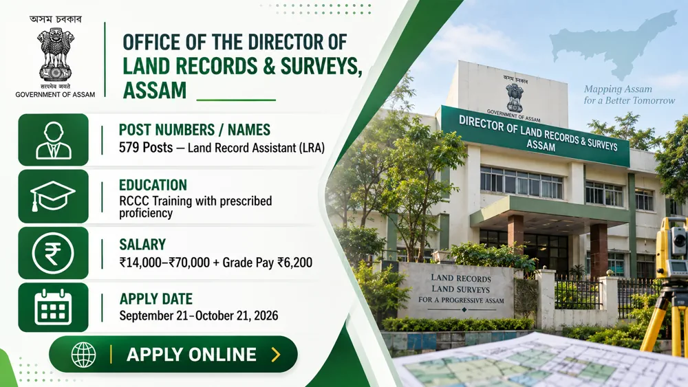 Assam DLRS Land Record Assistant Recruitment 2026 Announced for 579 Vacancies, Apply Online by October 21