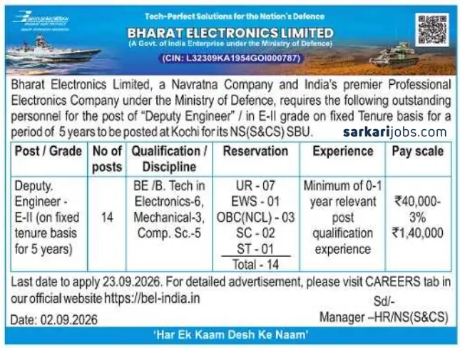BEL Kochi Deputy Engineer Recruitment 2026: 14 Electronics, Mechanical and Computer Science Vacancies, Apply by September 23