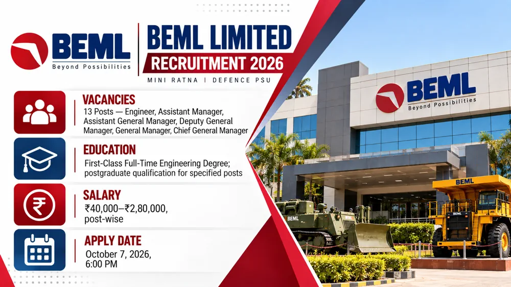 BEML Recruitment 2026 Notification Released: Apply Online to 13 Engineer, Manager and Executive Vacancies by October 7