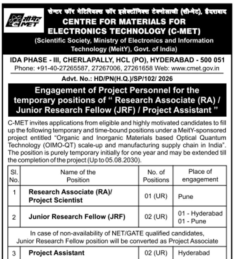C-MET Recruitment 2026 Announced 5 RA, JRF and Project Assistant Vacancies in Hyderabad and Pune