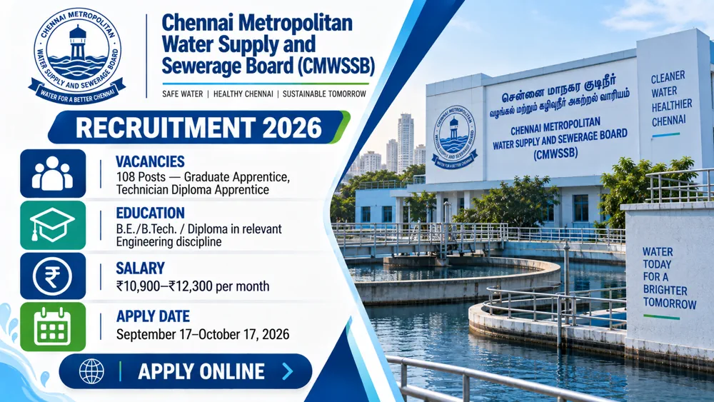 CMWSSB Recruitment 2026 Announced: Online Form Available for 108 Graduate and Technician Apprentice Vacancies Now