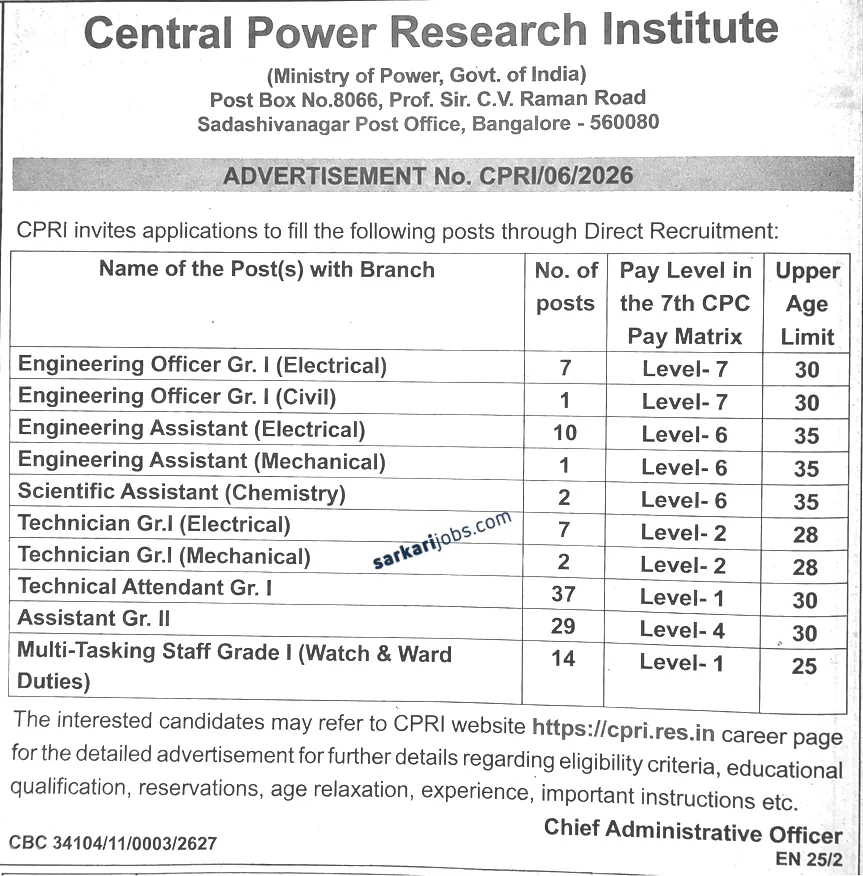 CPRI Recruitment 2026 Announced for 110 Engineering, Technical, Assistant and MTS Vacancies