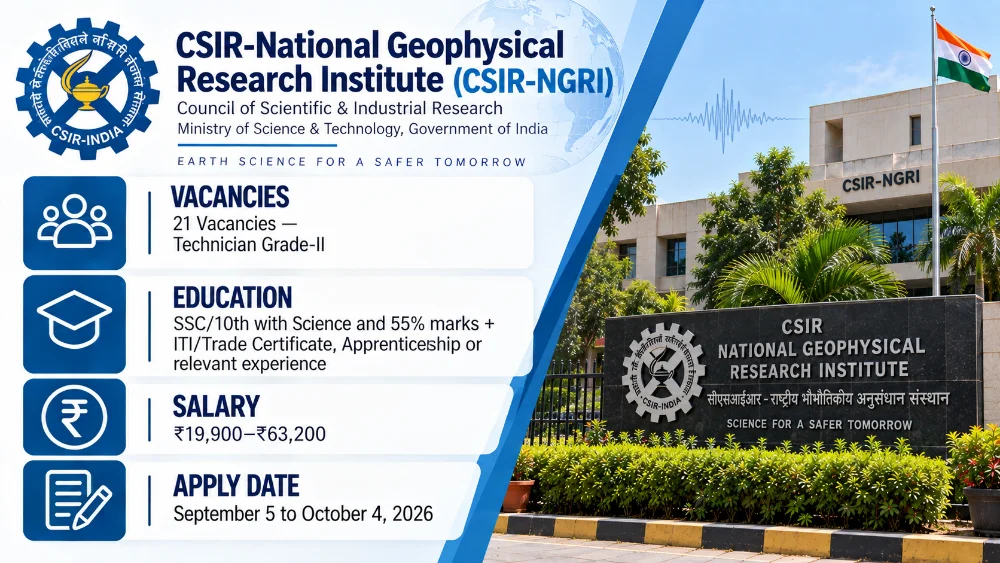 CSIR-NGRI Technician Recruitment 2026 Notification Released for 21 Grade-II Vacancies, Apply Online by October 4