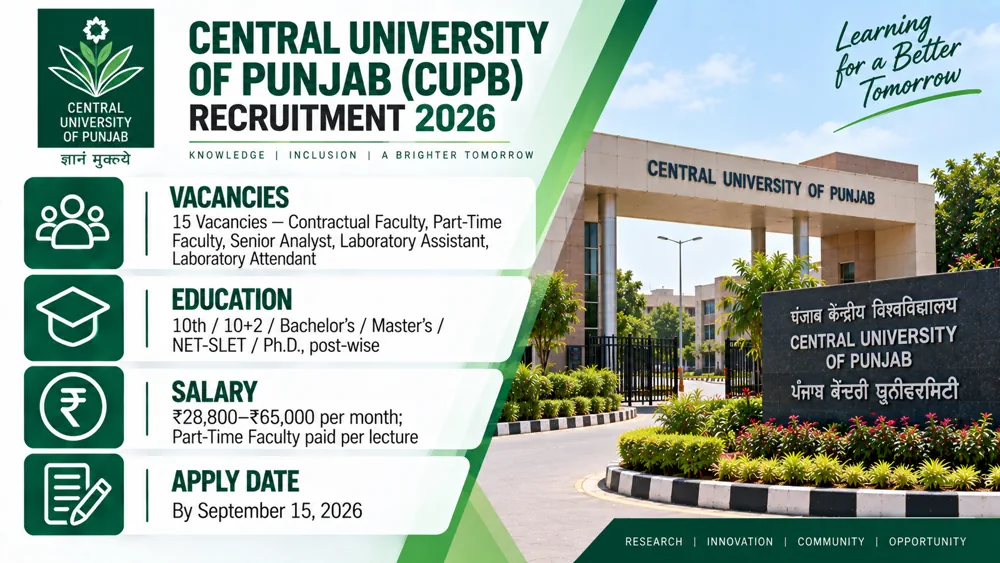 Central University of Punjab Recruitment 2026 Notification Issued: Apply to 15 Faculty and Non-Teaching Vacancies by September 15