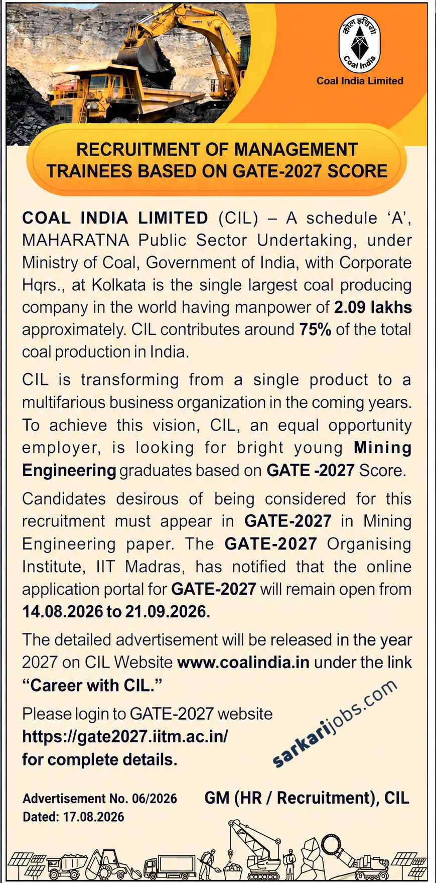 Coal India Management Trainee Recruitment 2027 Through GATE: Mining Engineering Candidates Must Appear in GATE 2027