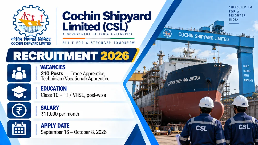 Cochin Shipyard Apprentice Recruitment 2026 Notice Out for 210 Vacancies, Apply Online by October 8