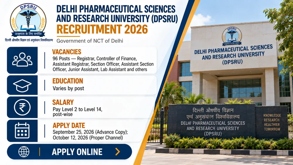 DPSRU Recruitment 2026 Notice Out: Apply Offline to 96 Lab Assistants, Jr Assistants, JE, PTI, Section Officers & Other Non-Teaching Vacancies by October 12