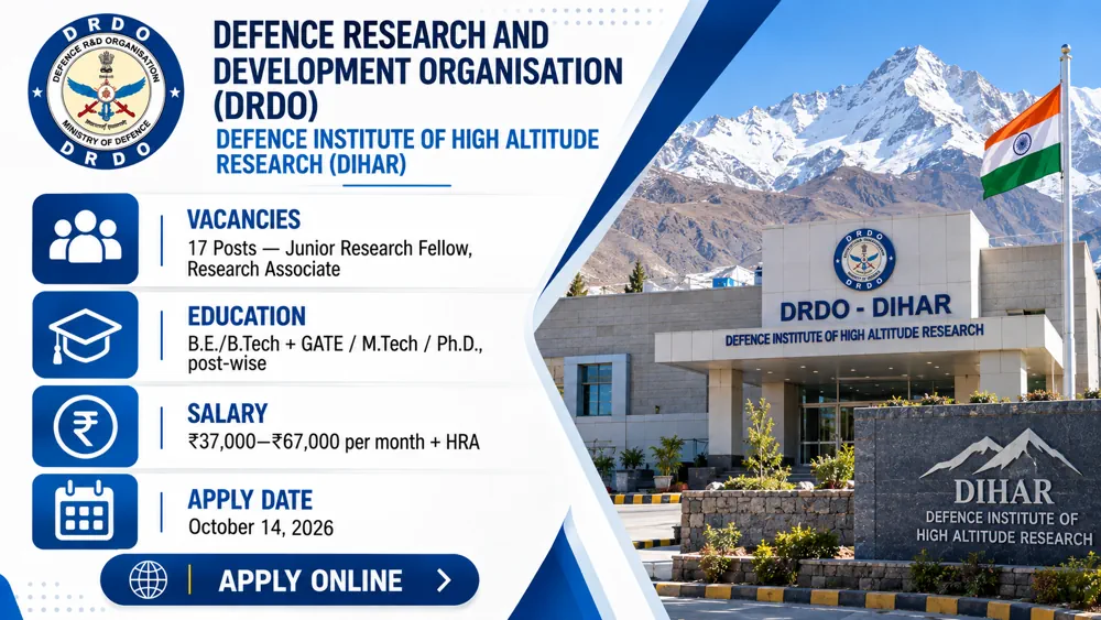 DRDO DIHAR Walk-in Recruitment Notice Announced: Apply to 17 JRF and Research Associate Posts on October 14