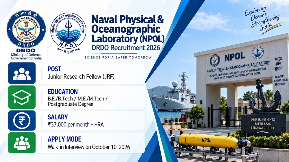DRDO NPOL JRF Recruitment 2026 Notice Out: Mechanical Engineering and Other Research Fellow Vacancies, Walk-In on October 10
