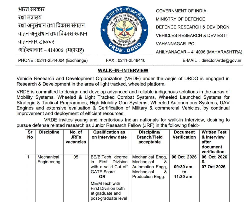 DRDO VRDE JRF Recruitment 2026 Notice Out for 5 Mechanical Engineering Vacancies, Walk-In Selection on October 6