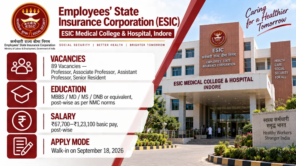 ESIC Indore Recruitment 2026 Announced with Walk-ins for 89 Faculty and Senior Resident Vacancies on September 18