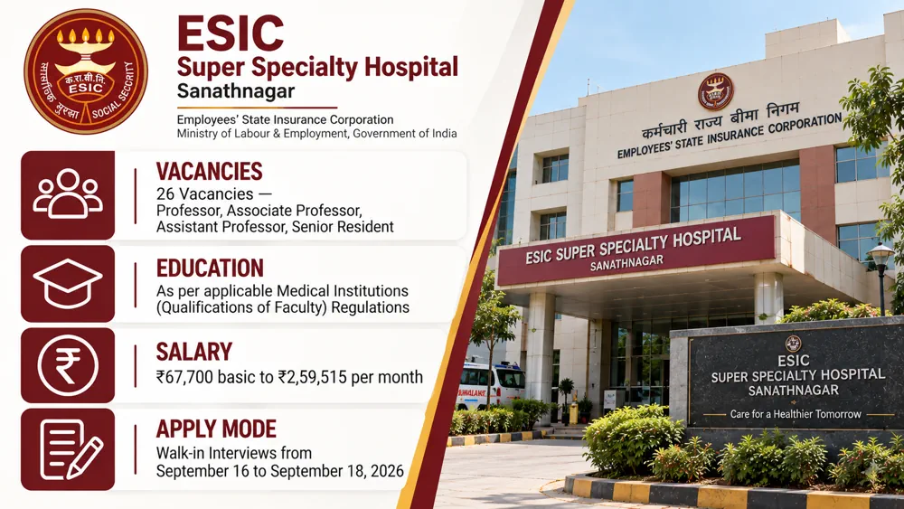 ESIC Sanathnagar Recruitment 2026 Announced: Walk-In From September 16 for 26 Faculty and Senior Resident Vacancies