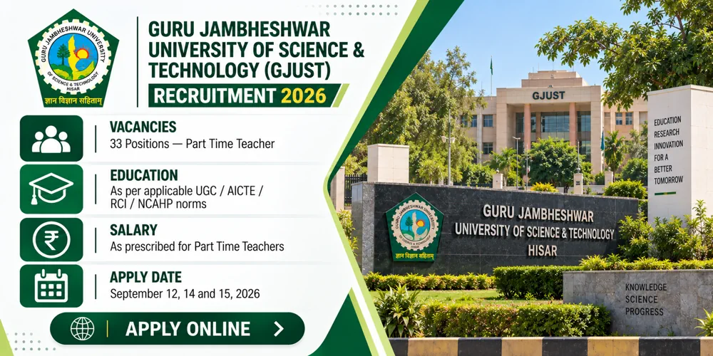 GJUST Part Time Teacher Recruitment 2026: Walk-in for 33 Teaching Vacancies on September 12, 14 and 15
