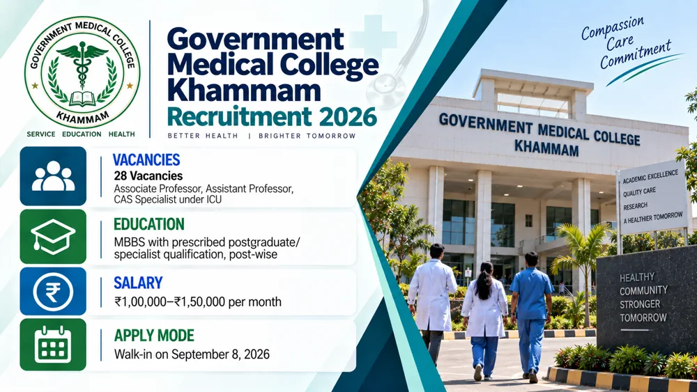 GMC Khammam Walk-in Recruitment 2026 Announced for 28 Faculty and CAS Specialist Vacancies