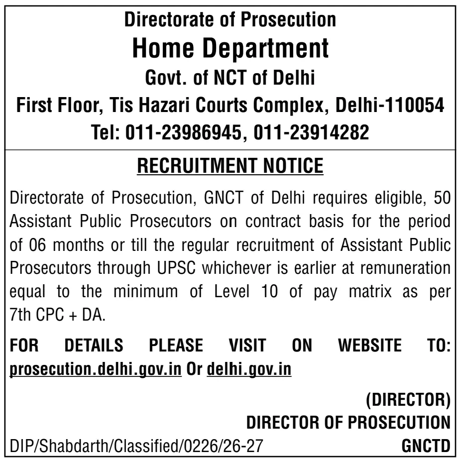 Directorate of Prosecution Delhi Recruitment 2026 Notification Out Now: 50 Assistant Public Prosecutor Vacancies Announced