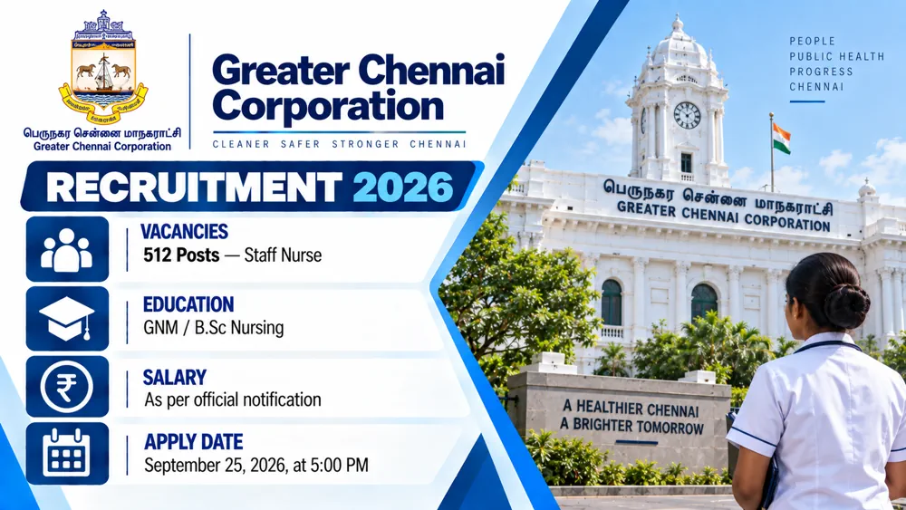 Greater Chennai Corporation Staff Nurse Recruitment 2026 Notice Out for 512 Vacancies, Apply by September 25
