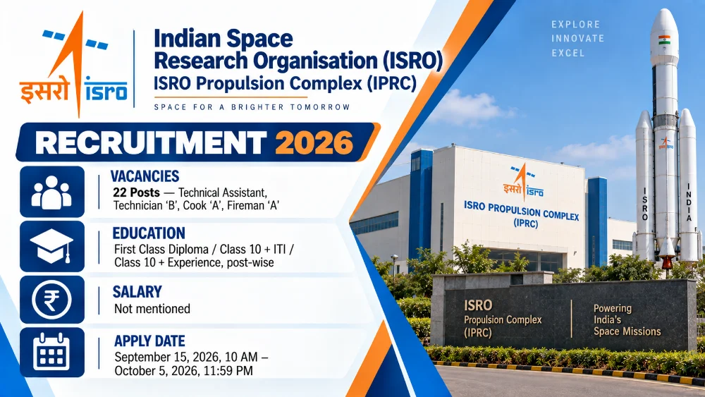 ISRO IPRC Recruitment 2026 Notice Out: Online Form for 22 Technical Assistant, Technician, Cook and Fireman Vacancies From September 15